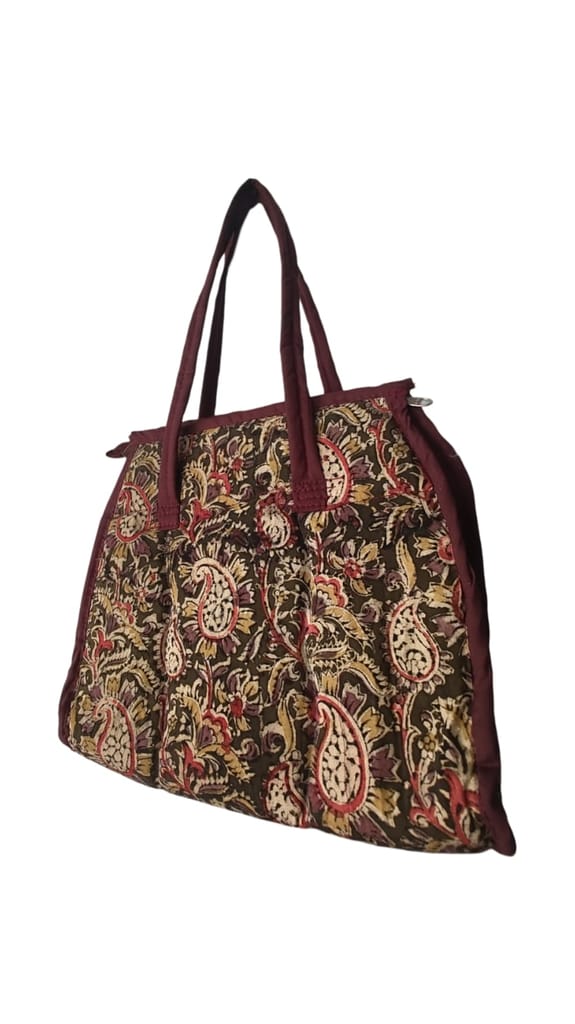 KALANKARI Handcrafted Quilted Cotton Tote Bag with Paisley Print and Maroon Trim