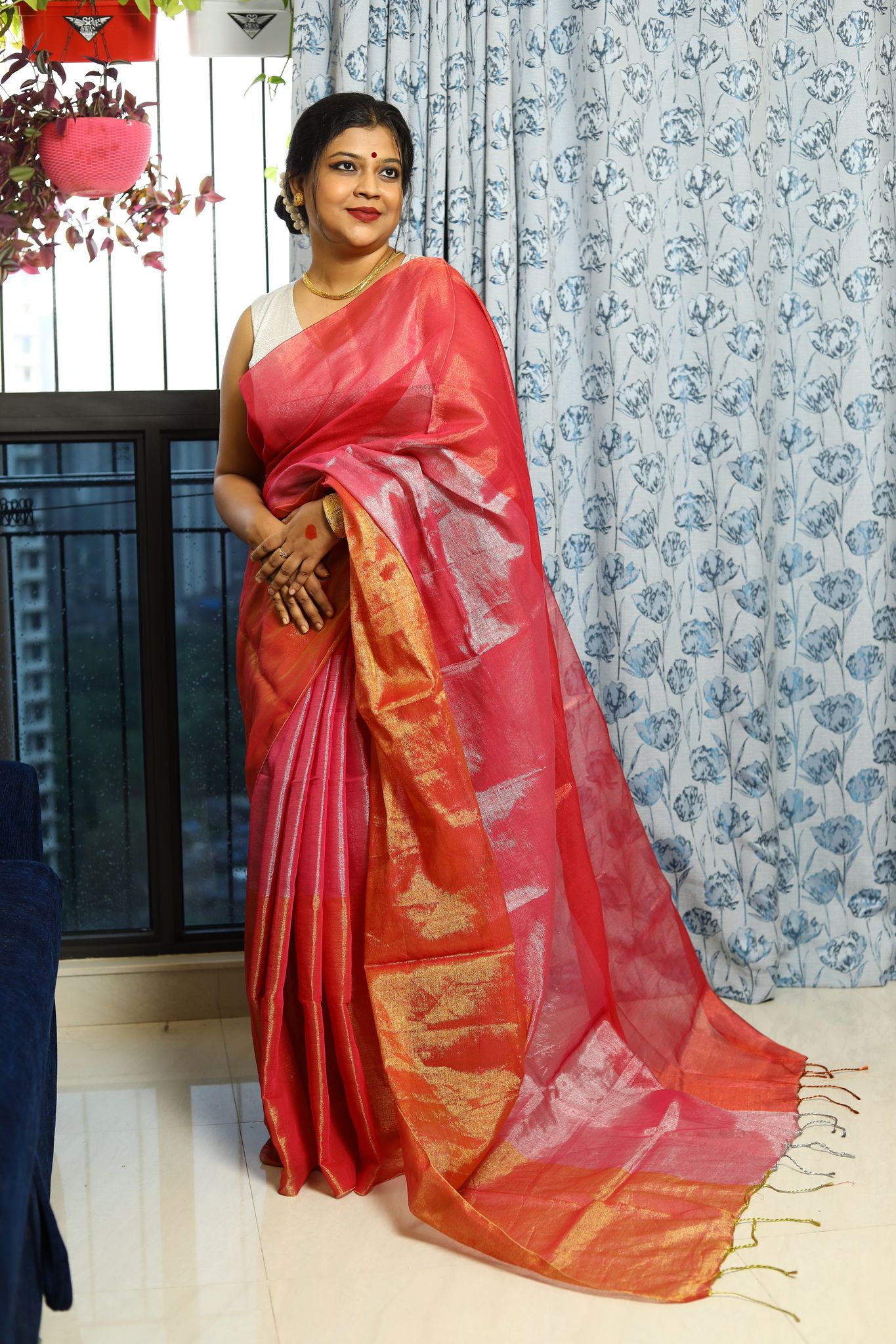 Aishwarya-Tissue Linen / Tissue Linen / Orange Pink Red and Gold