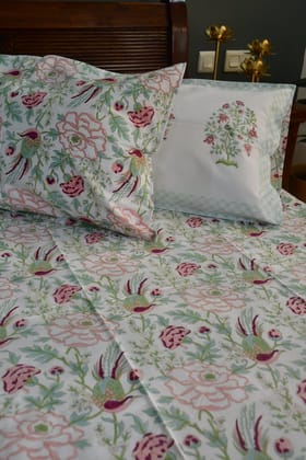 Floral and Bird Bedsheet : Handblock, Jaipuri King 90x108 inches