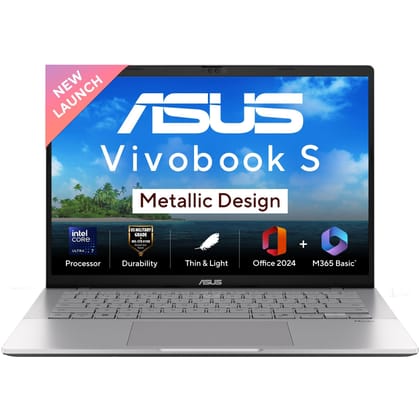 ASUS Vivobook S14, Intel Core Ultra 7 255H, 16GB RAM, 512GB SSD, FHD+ 14", Windows 11,Office Home 2024 M365 Basic (1Year)*, Cool Silver, 1.4Kg, S3407CA-LY084WS, Intel Arc iGPU, Metallic Design Laptop ASUS Vivobook S14, Intel Core Ultra 7 255H, 16GB RAM, 