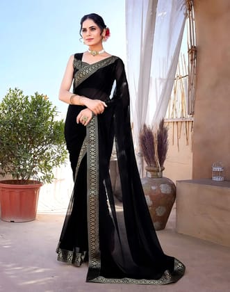 Lycra Saree with Lace Border (Color - Black) by SHIV TEXTILES