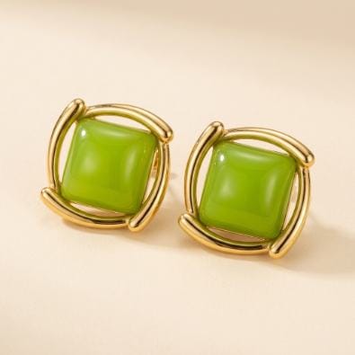 Gold-Rimmed Faux Pearl Square Studs - Green | Gold-Tone Anti-Tarnish Imitation Jewellery - Earrings | Buy online on ZillyBuy