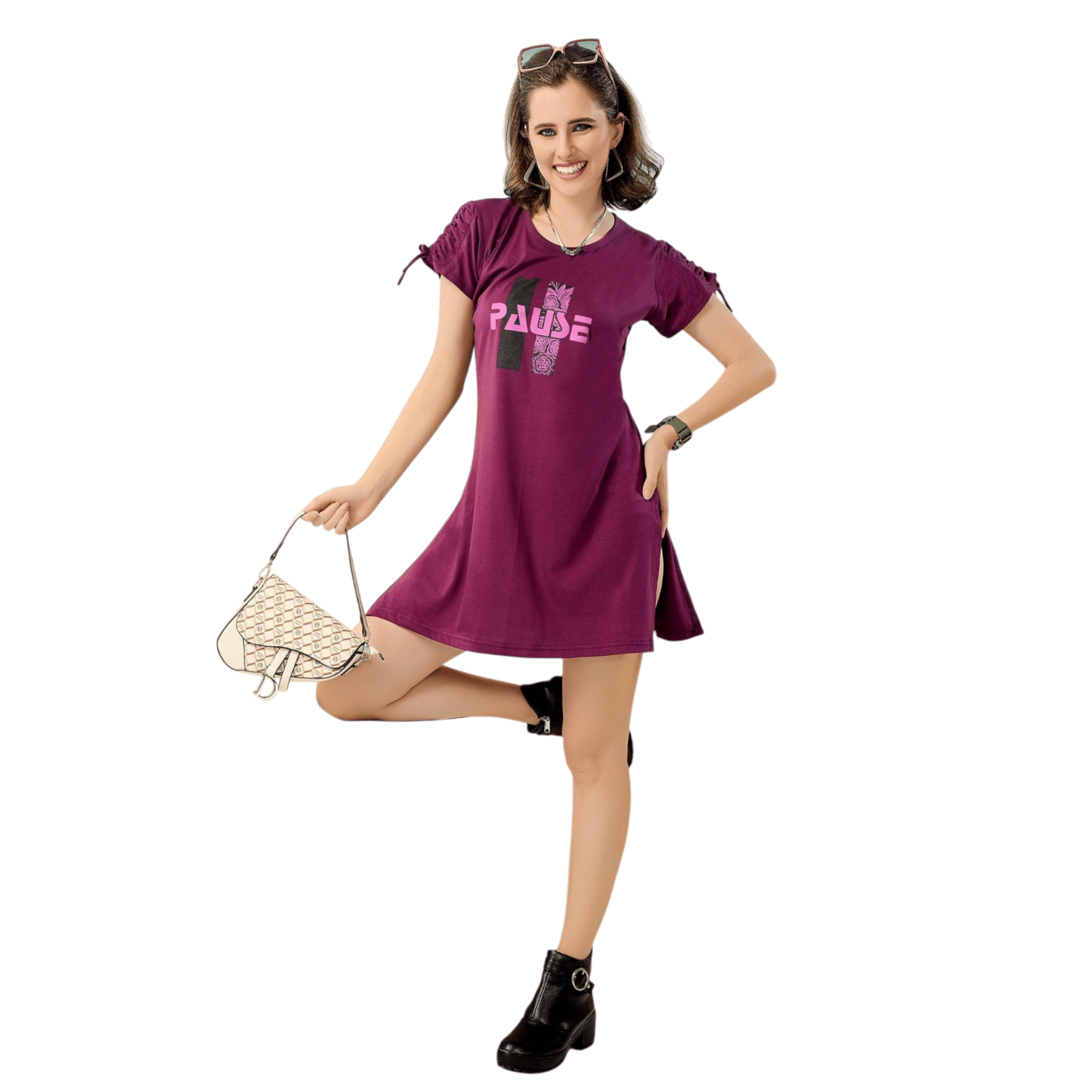 Fabimi Women's Long Top with Side Cut & Sleeve Pattern – Stylish and Comfortable