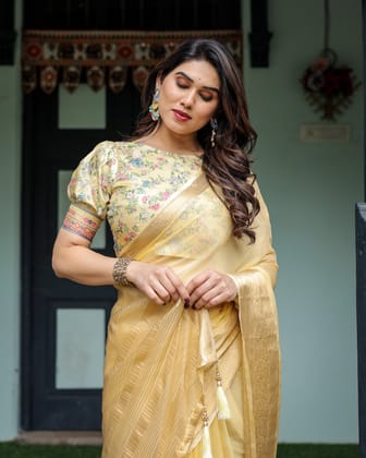 Sunshine Yellow Plain Chiffon Saree with Gold Zari Border and Floral Puff Sleeve Blouse-Regular