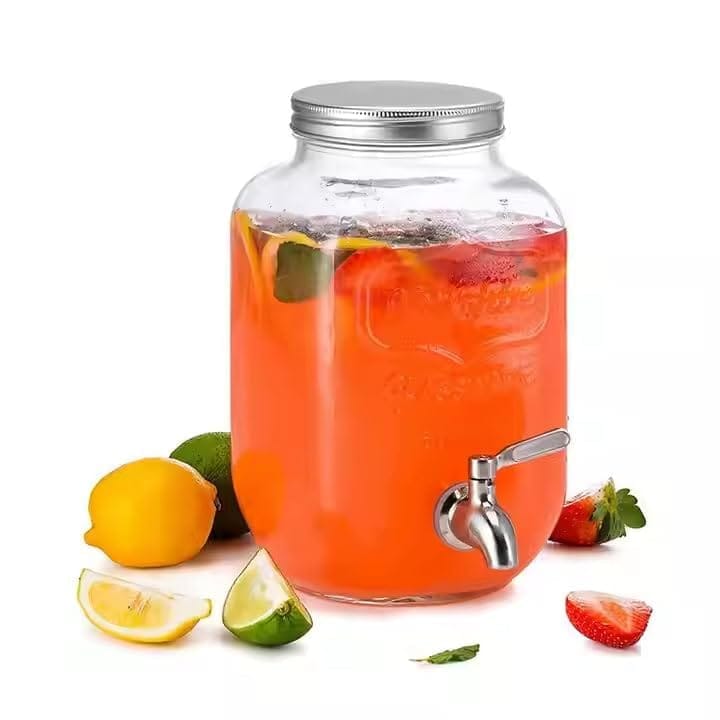 Glass Iced Drink Dispensers with Spout and Tap Steel Lid, Cold Beverage Dispenser for Beer, Water,Cocktails, and More,Airtight Beverage Jar for Home Kitchen,Weddings,Restaurants (4 Littre,Transparent)