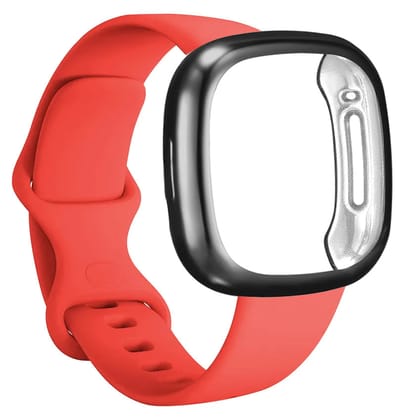Valente All-Round Protection Combo Pack of Bumper case & Watch Strap Compatible with Versa 3 Only-Black Case + Red Strap