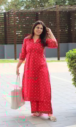 Cotton Block Print Rasberry A-line Kurta and Pants-XXS