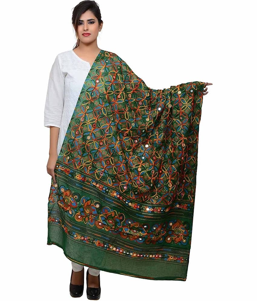 Apratim Green Cotton Phulkari Dupatta - Single