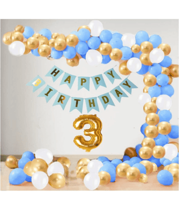 Jolly Party  3 Year Decoration kit For Boy and Girl Happy-Birthday 62 Pcs Combo Items 20 golden, 20 White 20 Blue balloons and 13 letter happy birthday banner and 3 letter golden foil balloon.