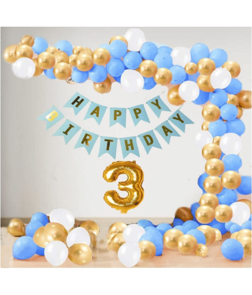 Jolly Party  3 Year Decoration kit For Boy and Girl Happy-Birthday 62 Pcs Combo Items 20 golden, 20 White 20 Blue balloons and 13 letter happy birthday banner and 3 letter golden foil balloon.
