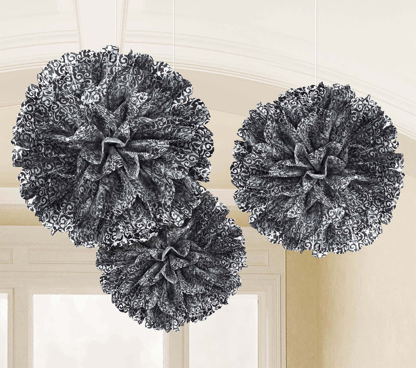 Black & White Fluffy Paper Tissue Pom Pom Decoration for Halloween - 3PC