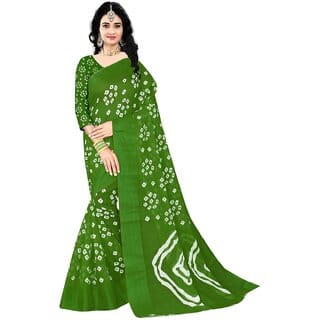 Green Colour Cotton Bandhani Printed Saree