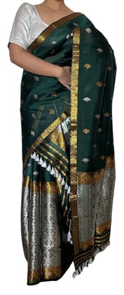 Luxurious Bottle Green Mekla Sharder in Mulberry Silk, 3m Long with Golden Borders and Motifs, Ideal for Festive Occasions and Special Events, Adds Elegance and Sophistication to Any Wardrobe