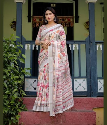Almaari Fashion Linen Printed Saree With Unstitched Blouse Piece ( Multicolor )