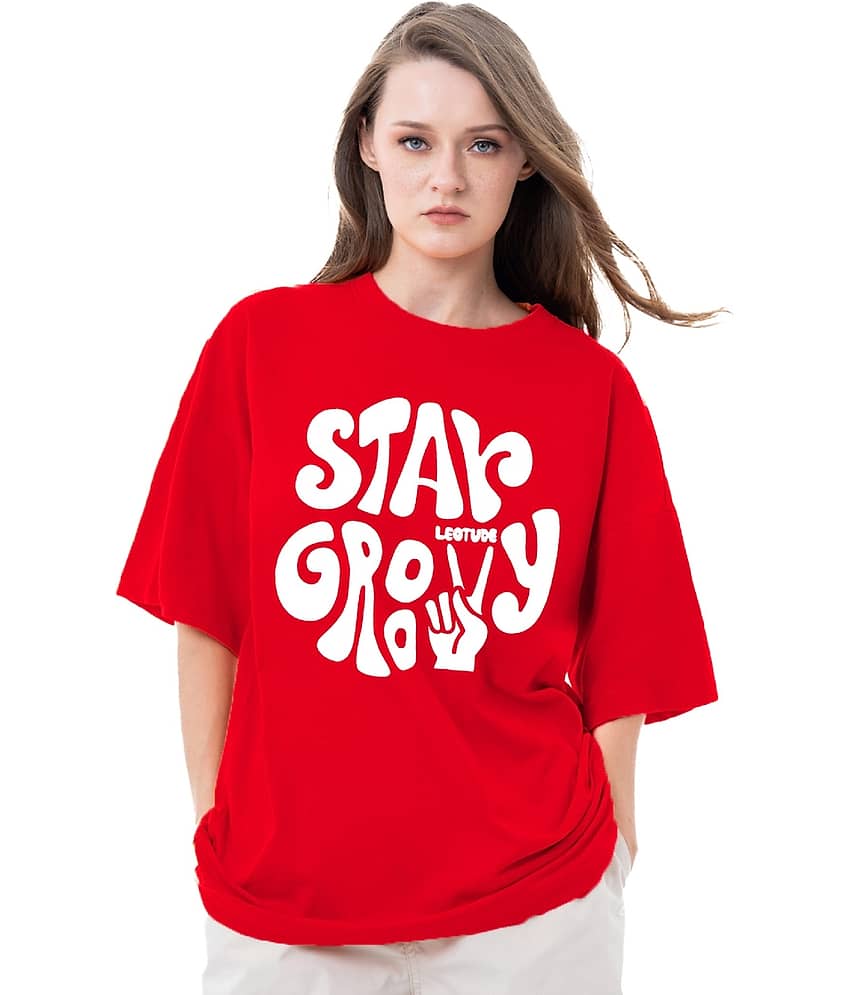 Leotude Women Cotton Blend Printed Oversized Fit Round Neck T-Shirt ( Red )