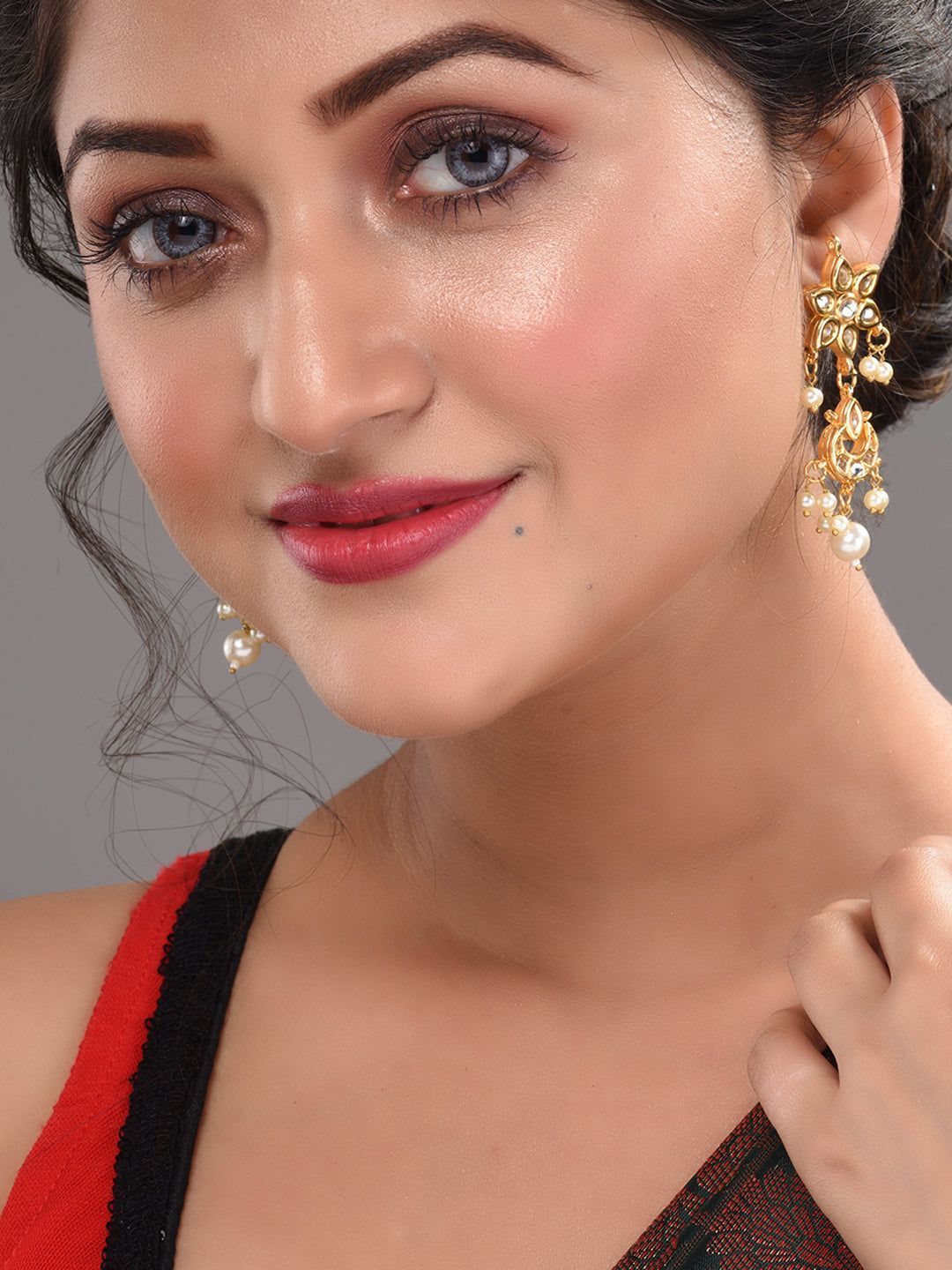 Gold Plated Kundan Studded Floral Chand Earrings
