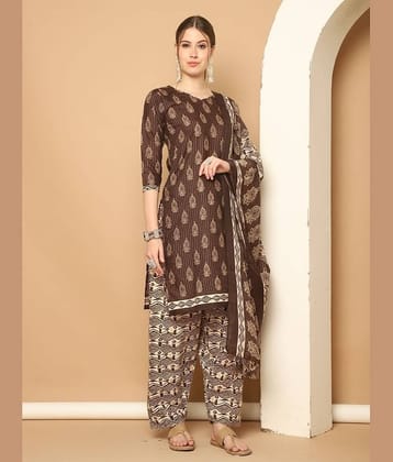 wonder weave Women Cotton Blend Printed Straight Kurti With Patiala Salwar ( Brown )