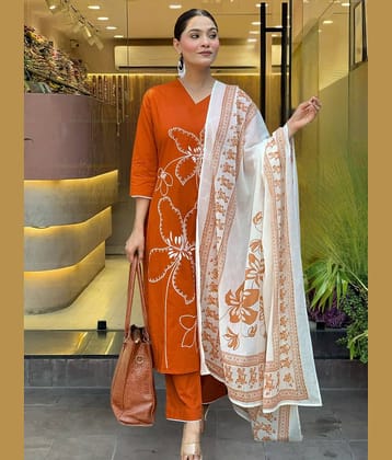 Eeloo Women Rayon Embroidered Straight Kurti With Pants ( Orange )