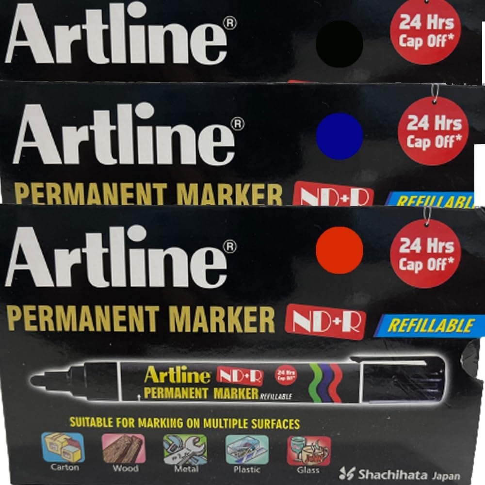 Artline ND + R Permanent Marker Pack of 10 (Black, Blue, Red Colours) X 3 Packs | For 24 HRS Without Drying Out