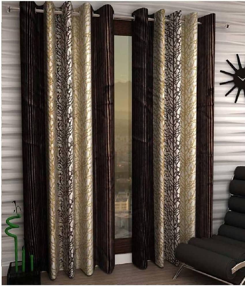 Phyto Home Floral Semi-Transparent Eyelet Door Curtain 7 ft Pack of 2 -Brown
