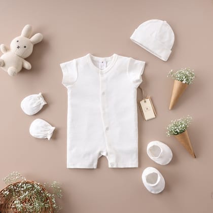 Poshaak Short Sleeves Baby Bodysuit Set-Pearl White / 6-9 months with Cap only