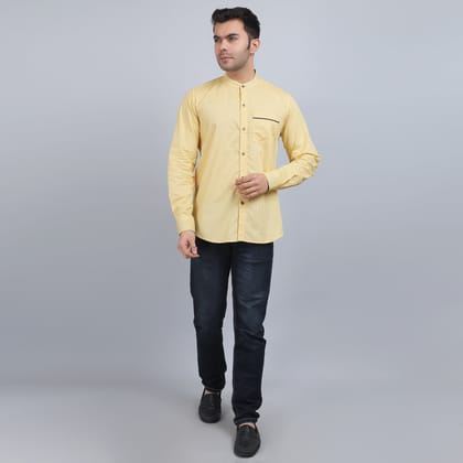 Yellow cotton printed band collar full sleeves shirt-XS