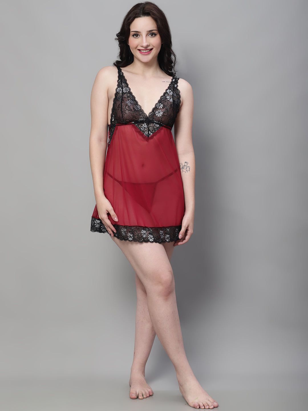 Babydoll Overall Net V Neck Dress - Maroon-S / Maroon