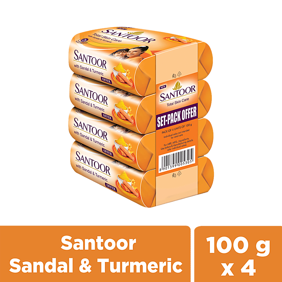 Santoor Sandal & Turmeric Bath Soap For Younger Looking & Glowing Skin, 100 G (Pack Of 4)