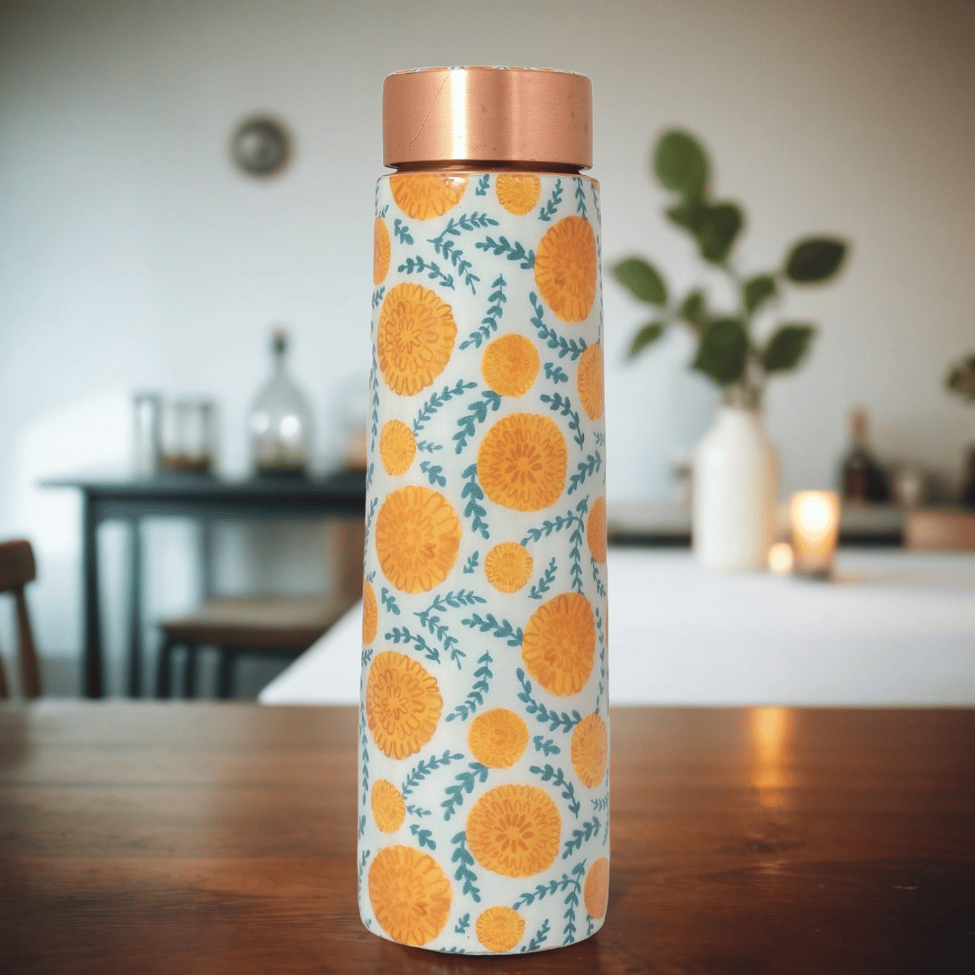 Copper Water Bottle | 1 Litre | Floral | Boosts Immunity-Marigold