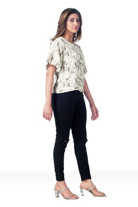Causal Printed Balloon Sleeves Crop Top-BROWN / L