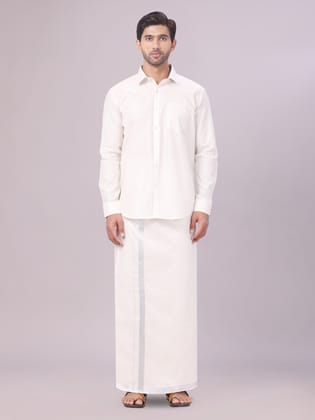 Men's Tissue Silver Color Flexi Dhoti Shirt Wedding Combo Maverick Flexi-36 / F/S / Silver