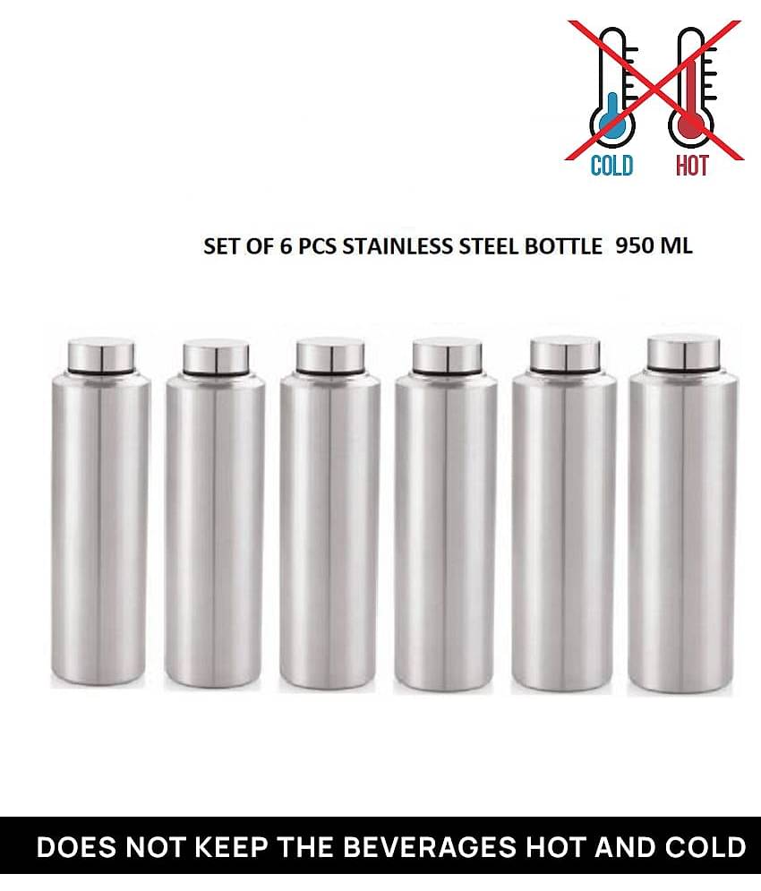 PIQUANT KITCHENWARE Water Bottle for Home/Office/Gym/School/Collage Silver 950 mL Steel Fridge Bottle set of 6