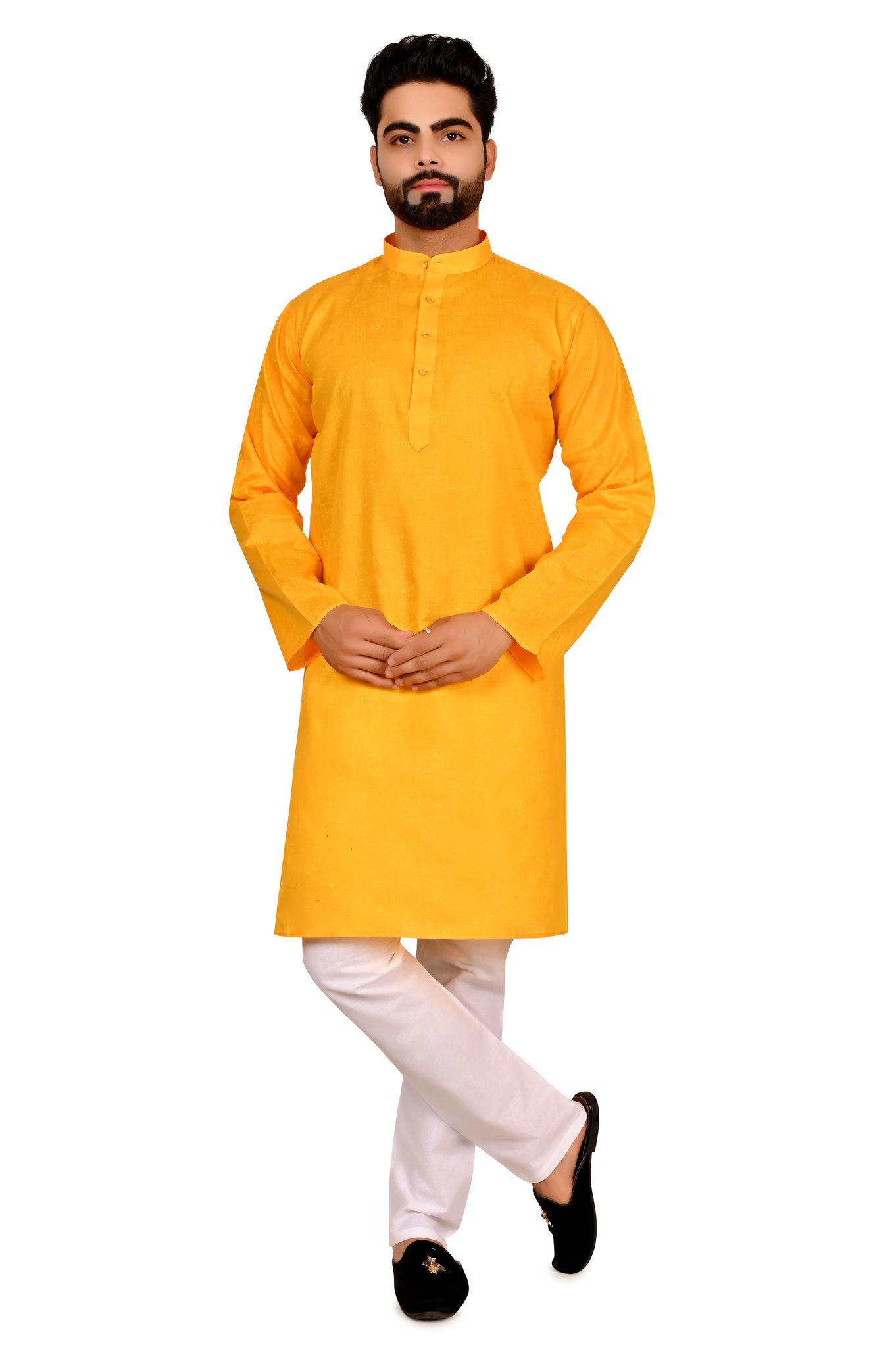 Blended Cotton Kurta Set For Men (Color - Yellow, Size - 36) by G P International