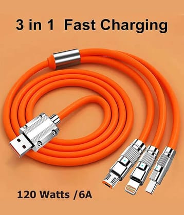 THRIFTKART - 3 in 1 Fast Charging Cable,Portable 120W Charger Cord/Wire Compatible with iOS,Type-C,Micro Phones,Car/Travel 6A Retractable Zinc Alloy Charging Data Cable,Light Emitting Diode (Multicolor)