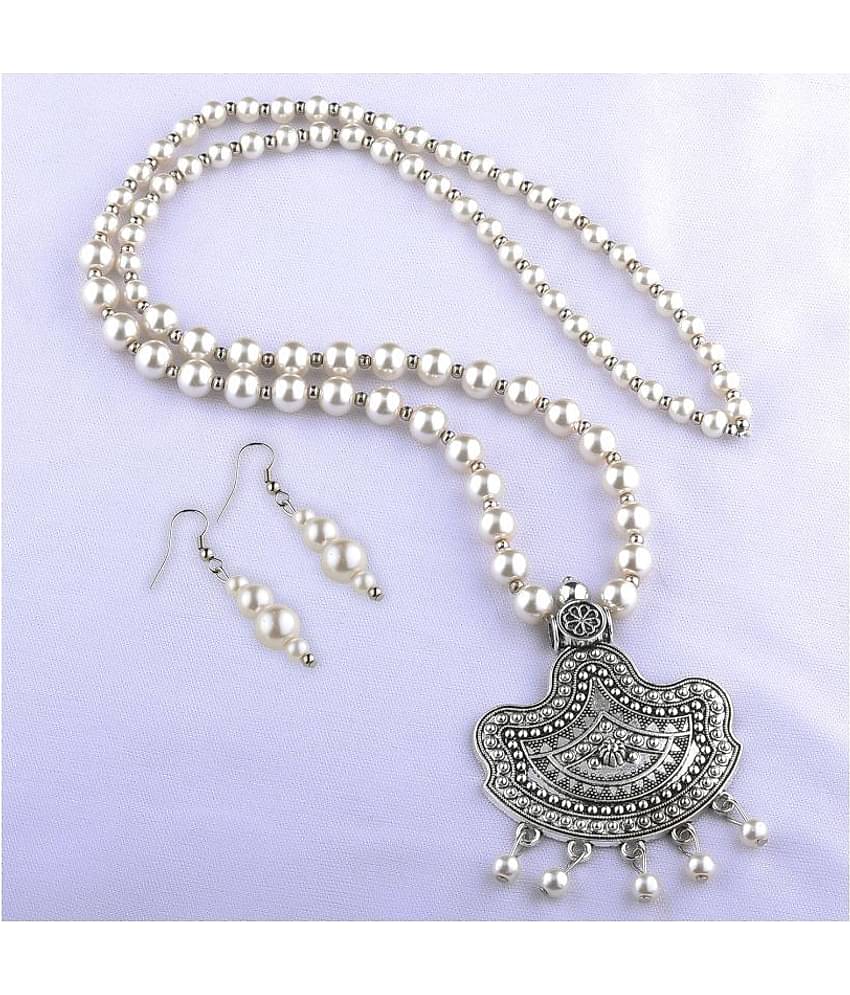 SILVERSHINE silverplated Designer Traditional Long Pearl Drop pendant Necklace set for women Jewellery set