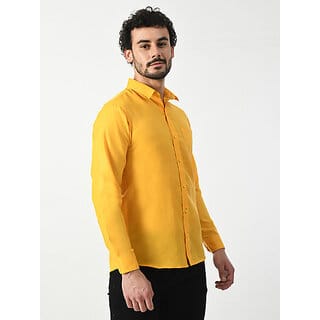 Alokk Men Regular Fit Self Design Curved Collar Casual Shirt (Yellow)