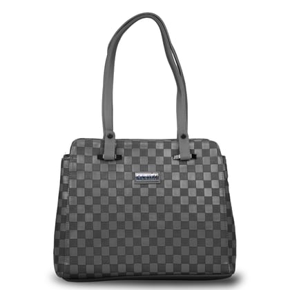 Jothi LuxeCheck Premium Womens Handbag | Multi-Compartment Synthetic Leather Tote | Checkered Woven Texture | Matte Finish | Water-Resistant | Soft Base | Grey