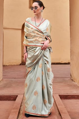 Ash Grey Banarasi Satin Silk Saree