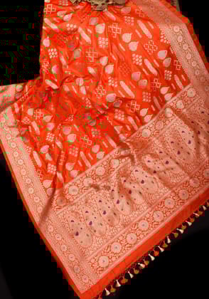 Orange Banarasi Meenakari floral Brocade Katan Silk Saree with Geometric Motifs| SILK MARK CERTIFIED
