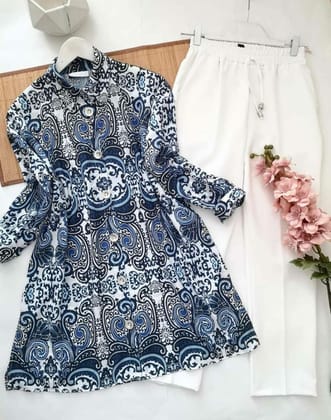A Blue and White Floral Printed Kurti with White Palazzo Designed by GlamaStitch-M