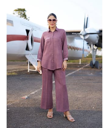 VIBE VISION Women Self Design Shirt With Trousers Co-Ord Set ( Pink )