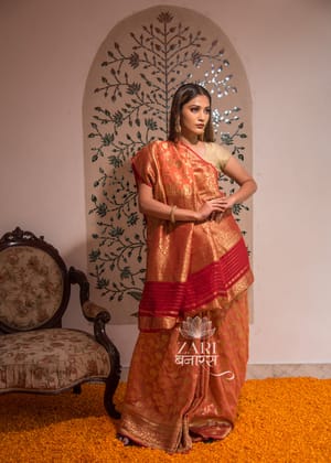 Omya: Floral Khaddi Georgette Handloom Banarasi Saree In The Shades Of Peach And Red