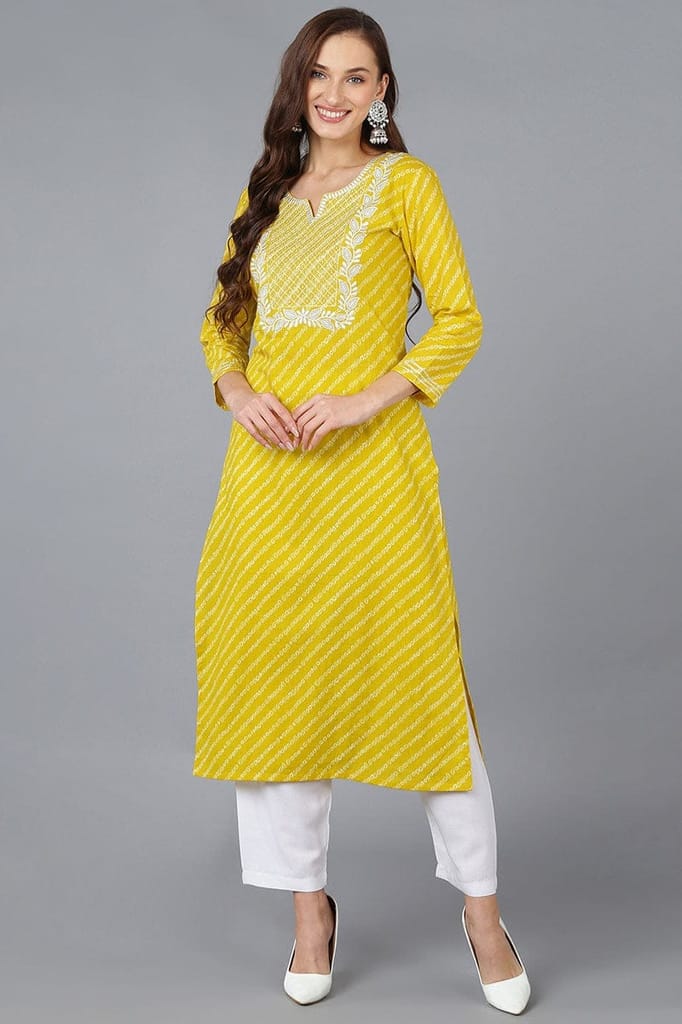 Yellow Cotton Bandhani Embroidered Straight Kurta VCK9038 - Kurtas & Kurta Sets | Buy online on ZillyBuy