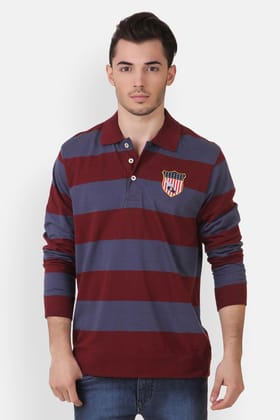 Men's Full Sleeves Rugby Polo Yarn Dyed Striped T-Shirt-3XL