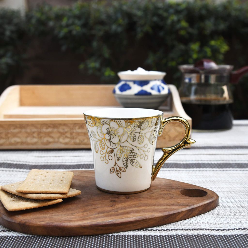 Femora Gold Floral Buds Leaves Tea Mugs, Ceramic Tea Cups, Coffee Mugs (160 ml) - 6 Pcs Set