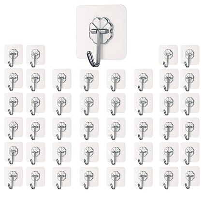 Self Adhesive Wall Hooks - Heavy Duty Wall Hooks for Hanging | Nail Free Sticky Hooks for Wall Heavy Items Without Drilling, Transparent Wall Hanger Hook (45)