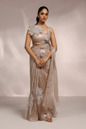 CHAMPAGNE FLORAL EMBROIDERED DRAPED SAREE-XS