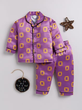 Purple 'Friends' Theme Full Sleeves Satin Night Suit-6-9 m