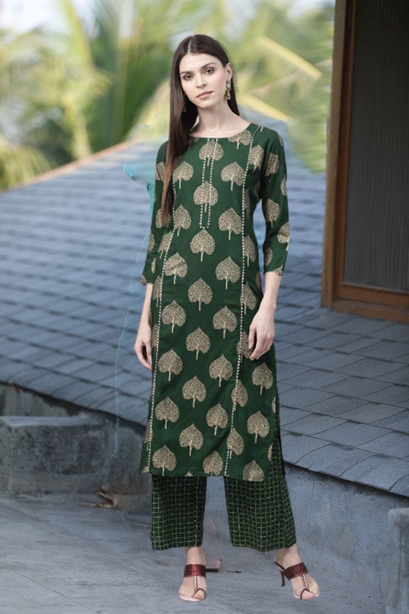 Green Pure Cotton Gotta Patti Kurta Set VKSET1017