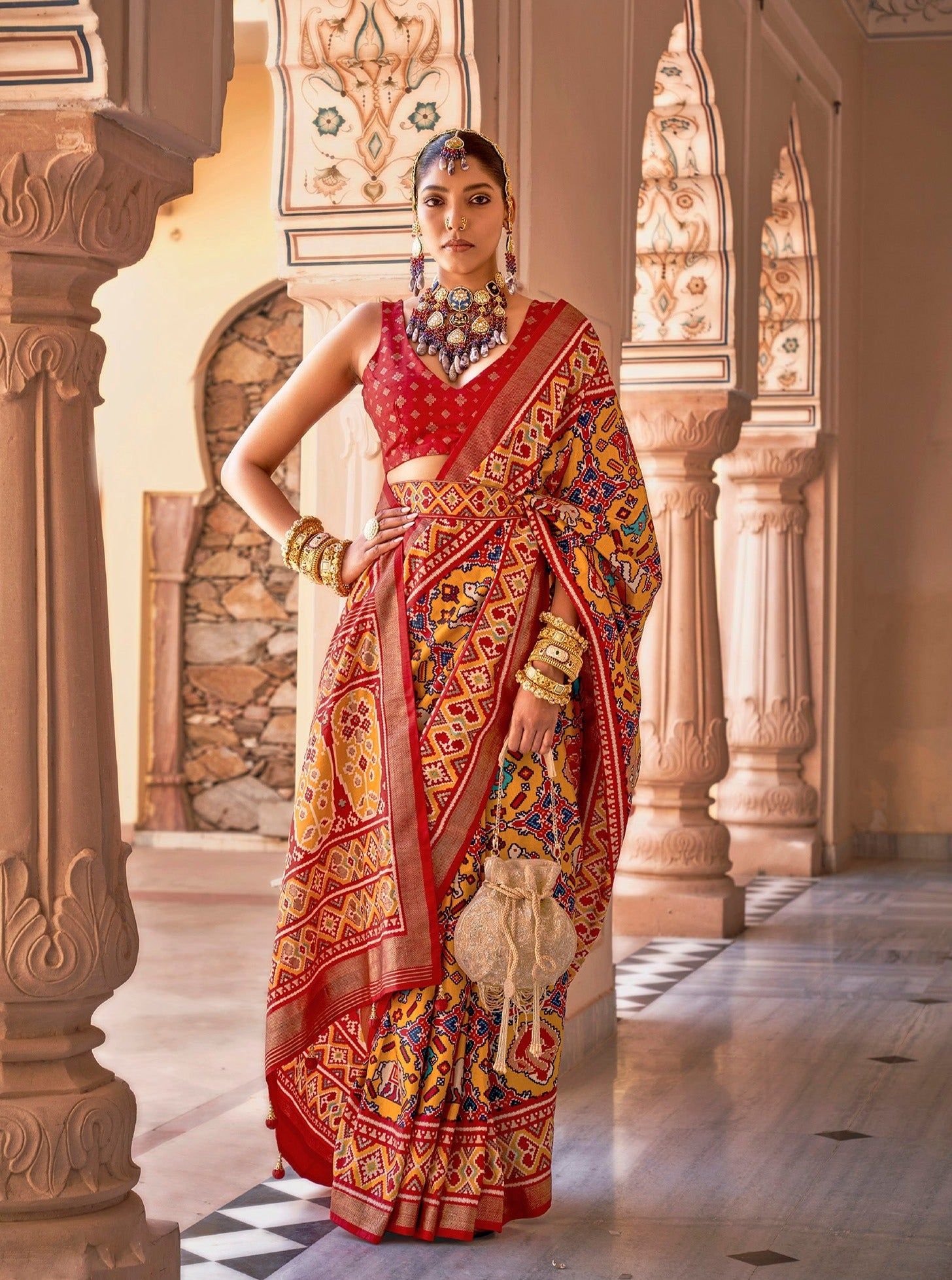 Mustard Yellow Printed Patola Silk Saree